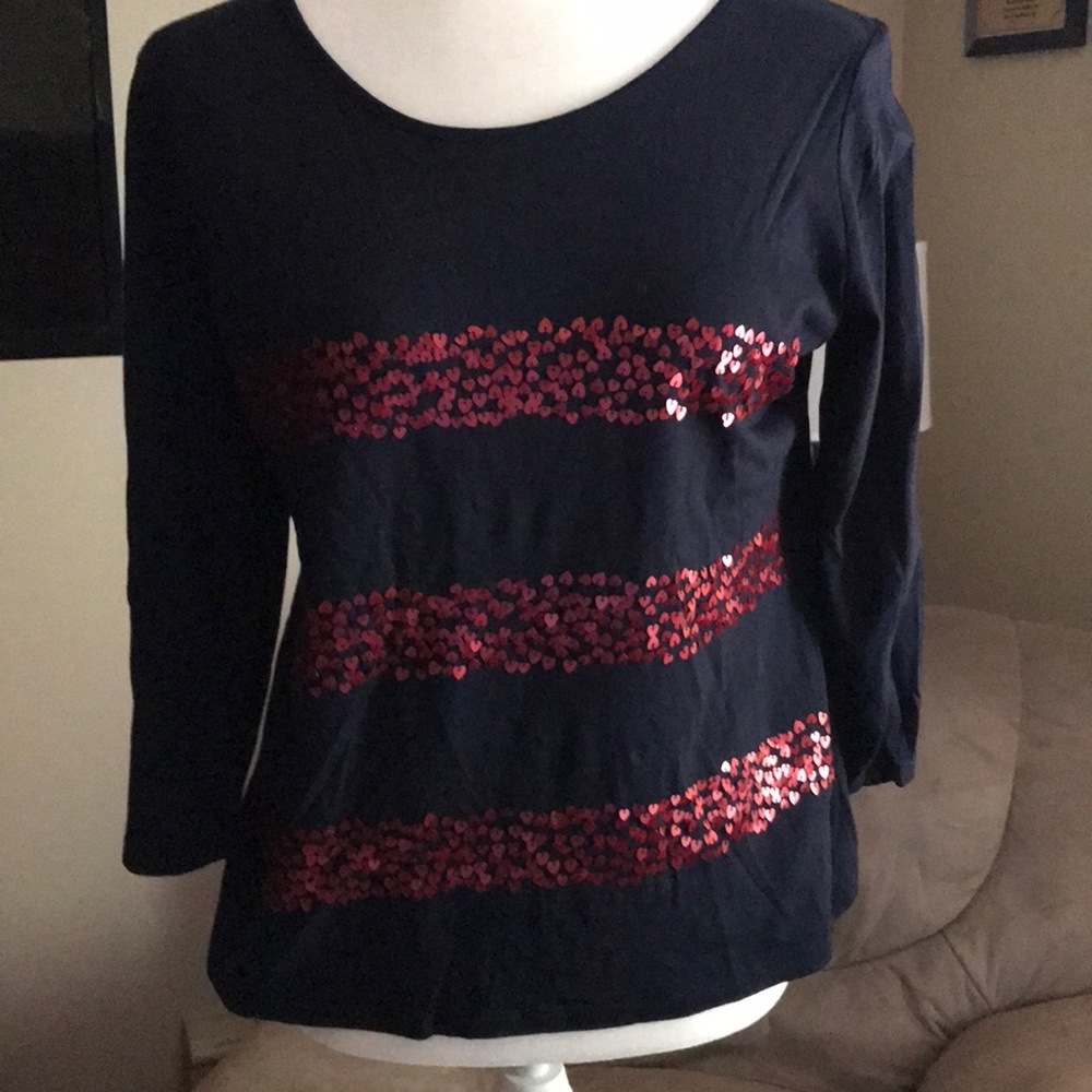 Talbots Navy top in Large with red heart sequins